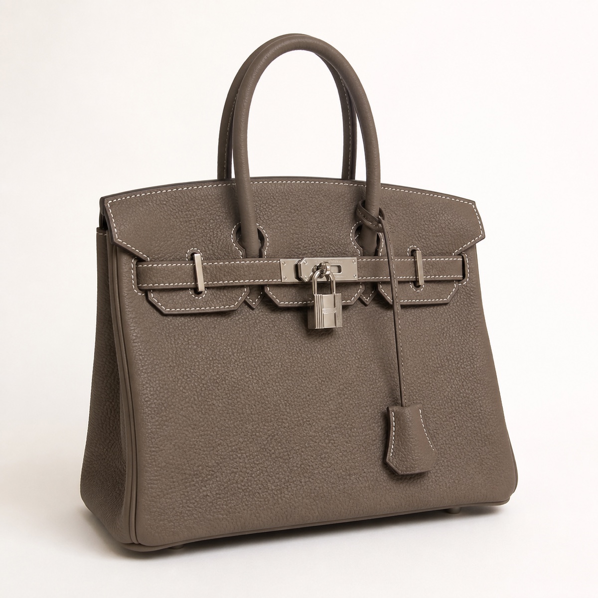 Synthetic studio product rendering of a taupe structured handbag, not official or seller-supplied photography