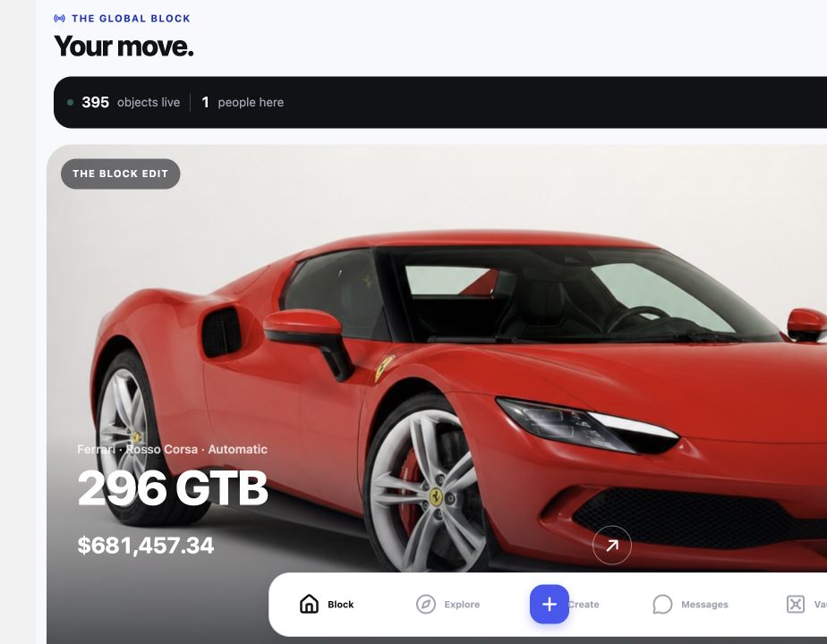 The Trading Block desktop exchange showing the editorial listing wall, category worlds and collector activity