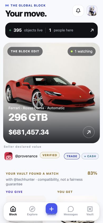 The Trading Block listing wall on an iPhone-sized screen