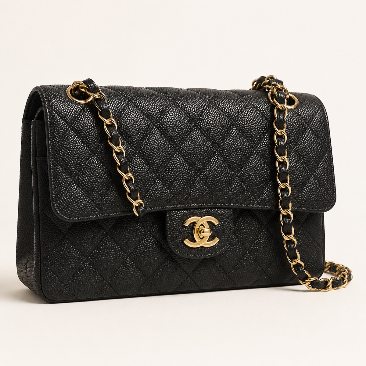 Synthetic warm-white studio rendering of a black quilted shoulder bag