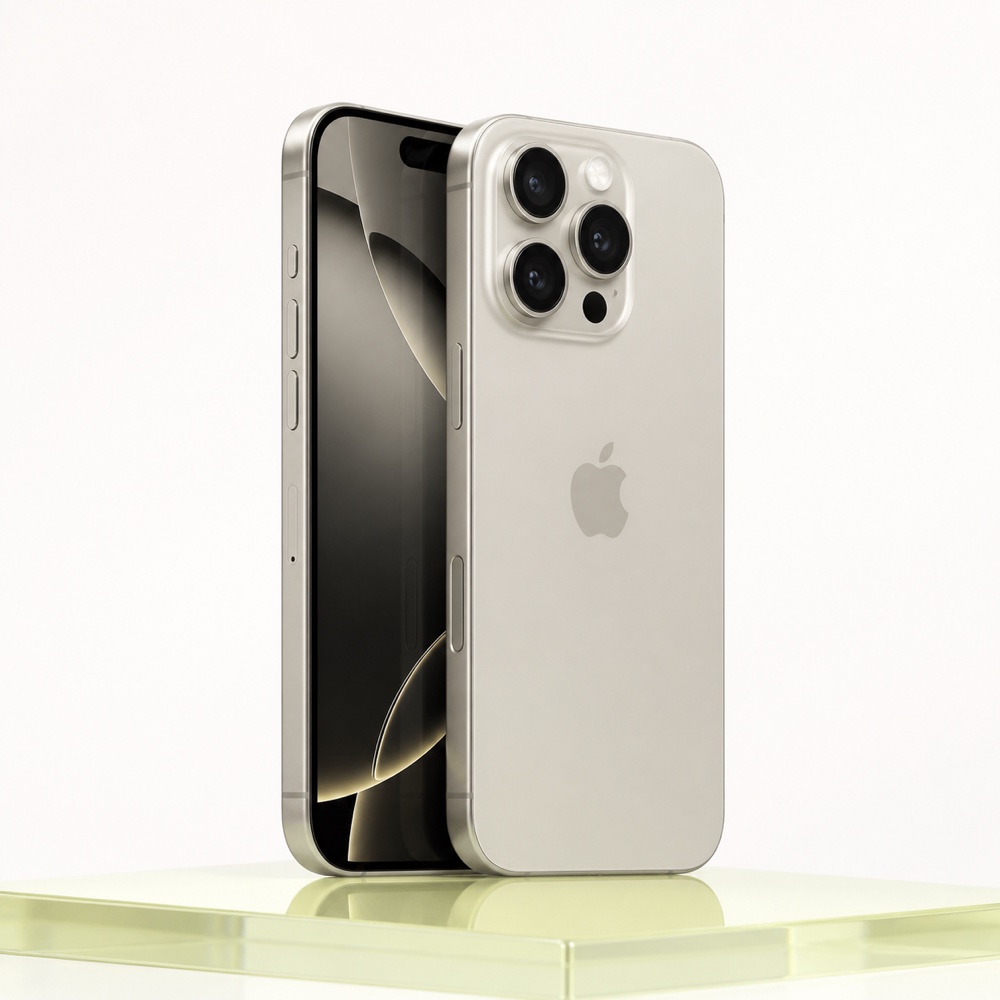 Synthetic warm-white studio rendering of a titanium smartphone