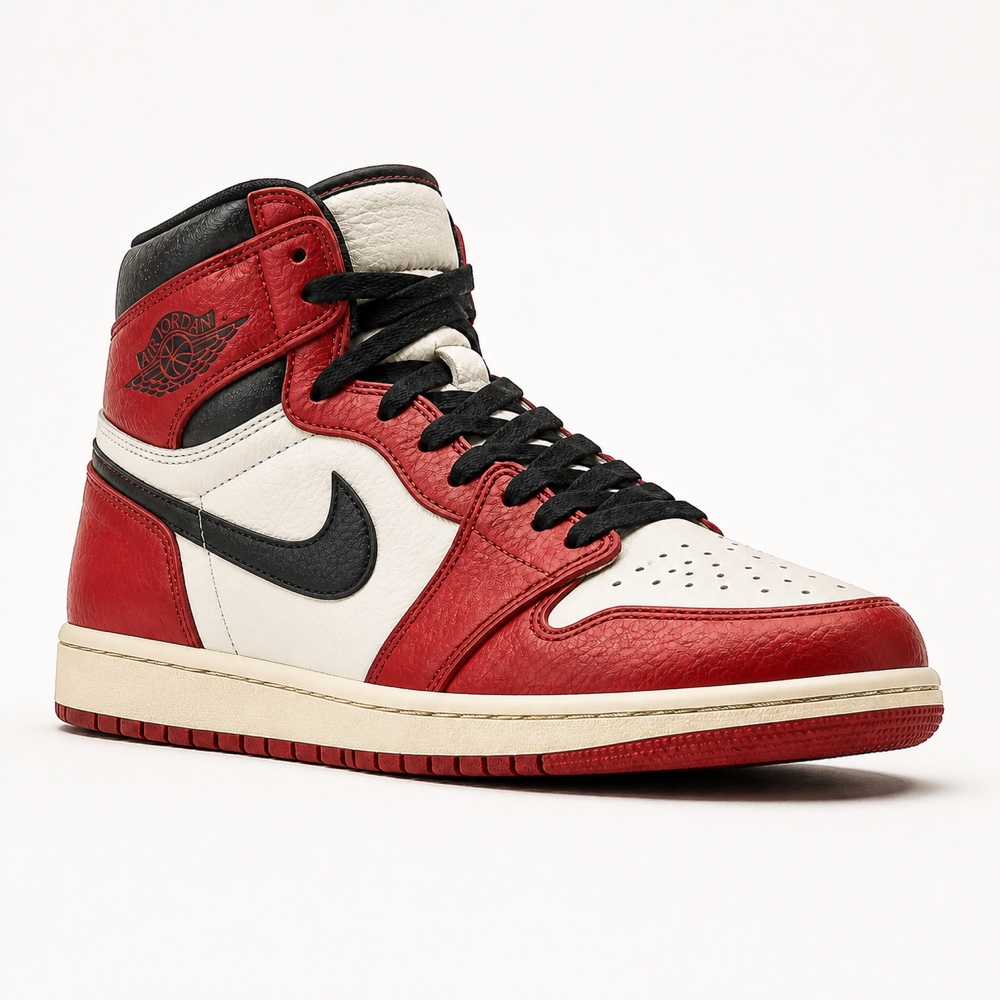 Synthetic warm-white studio rendering of red, white and black high-top sneakers