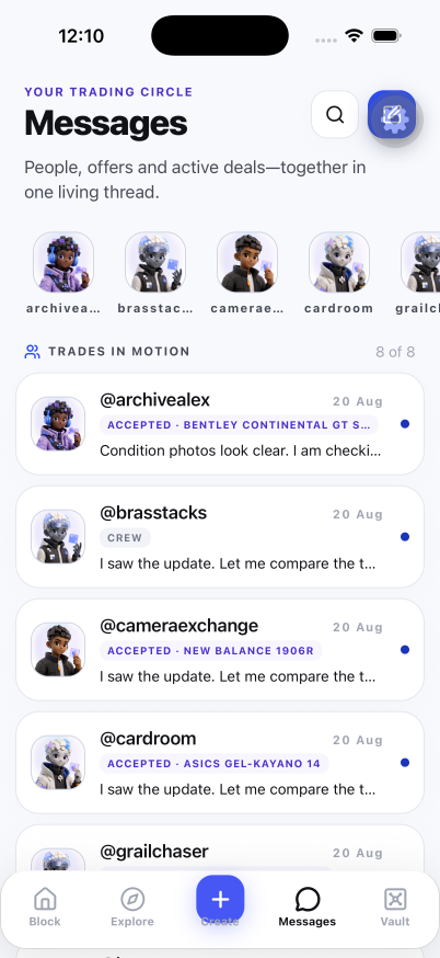 Trading Block mobile message room with a collector mention