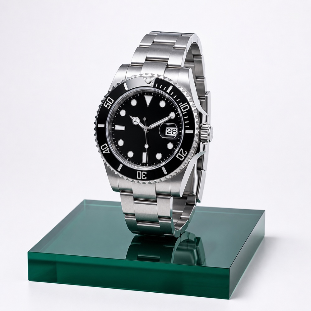 Synthetic warm-white studio rendering of a black dive watch
